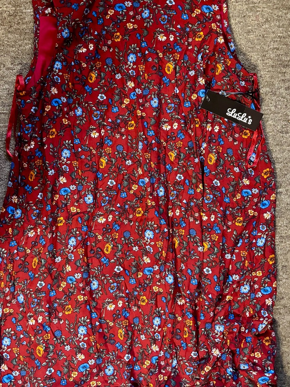 LuLaRoe Red Floral Dress with Blue and Yellow Blooms